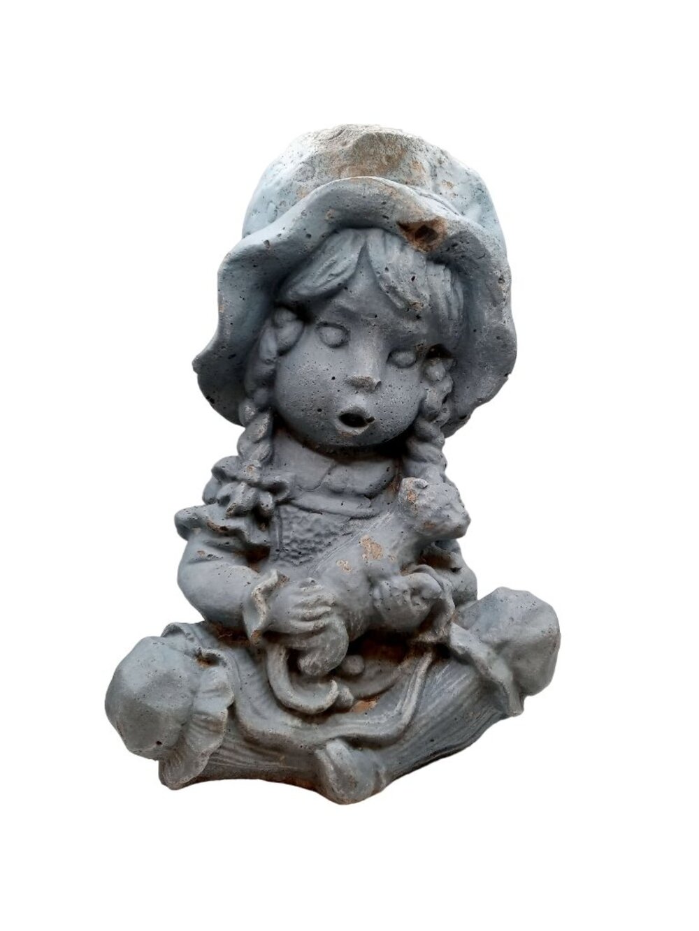 Girl Holding Cat Cement Sculpture 11 Inch Statue Shabby Cottagecore Yard Art